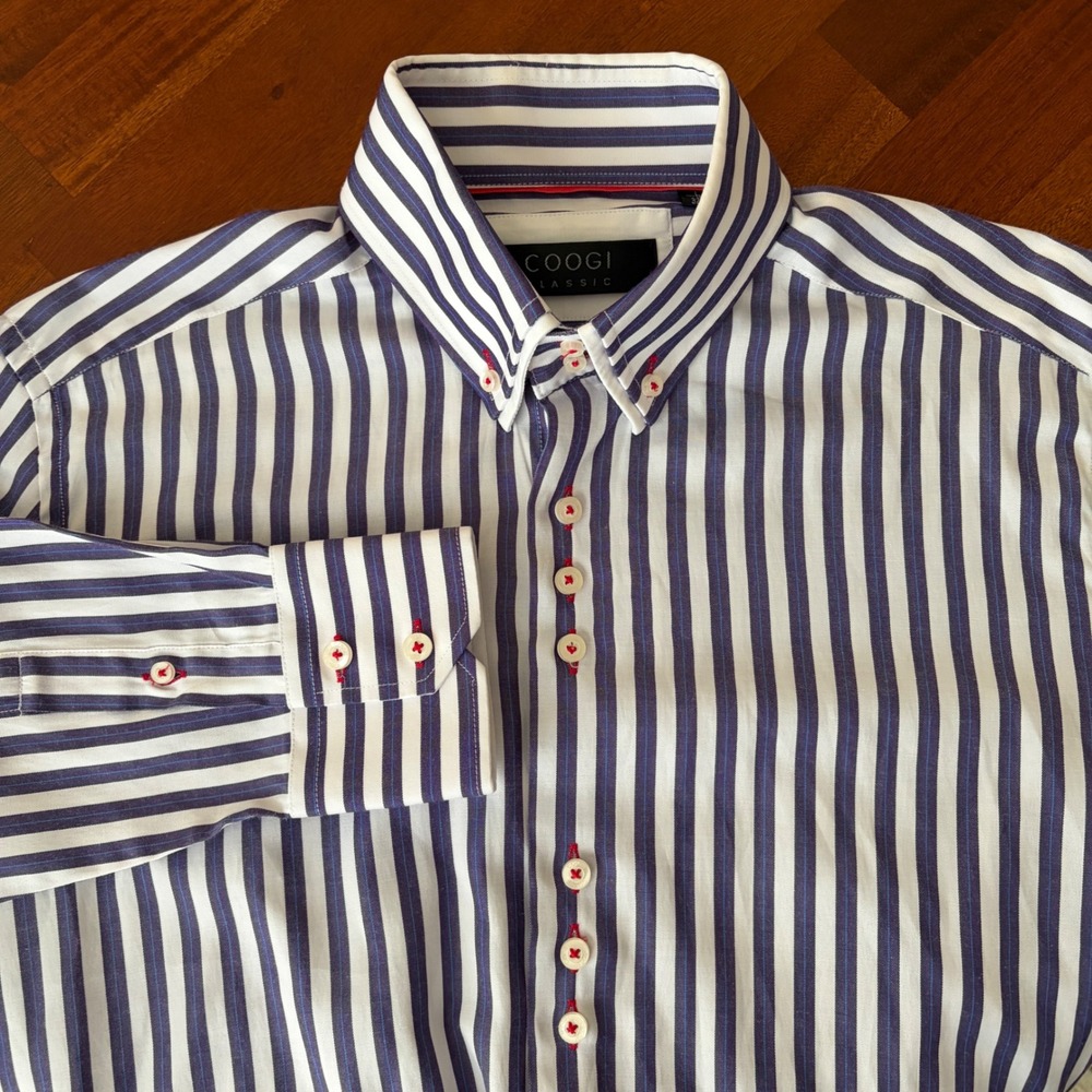 COOGI Classic Button Up Shirt White Blue Striped Long Sleeve L 16 Flip Cuffs